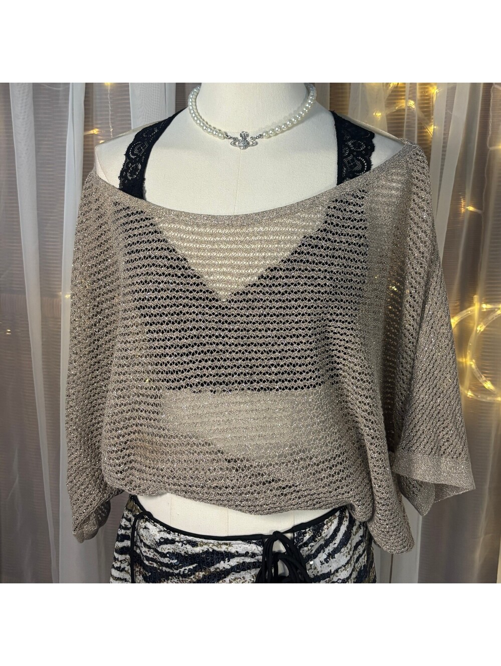 Lane Bryant Metallic Open Knit Dolman Sleeve Sweater Taupe Plus L XL Coastal